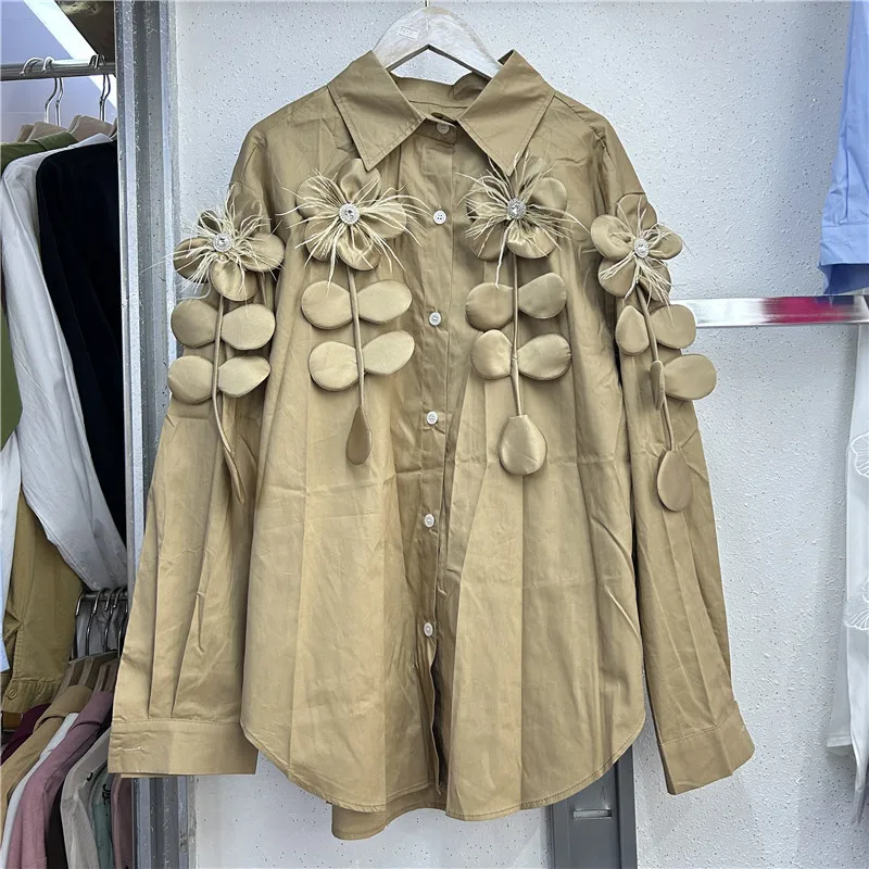 Japanese Retro French Loose Salt Autumn Feather Flower Three-dimensional Printing Niche Chic Design Shirt Long Sleeve Women