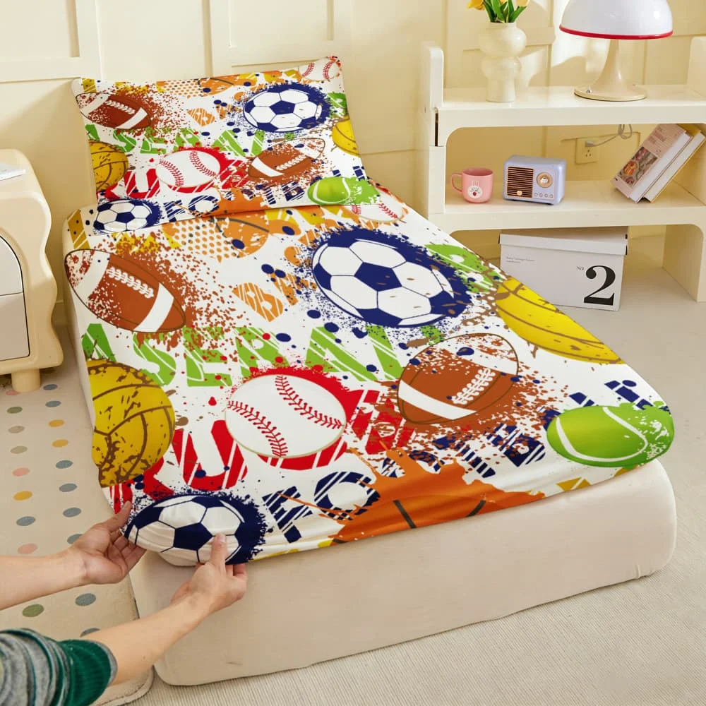 1pc Colorful Multi-Sport Print Fitted Sheet Deep Pocket Elastic Mattress Cover Single Double Queen King Bedroom Decor