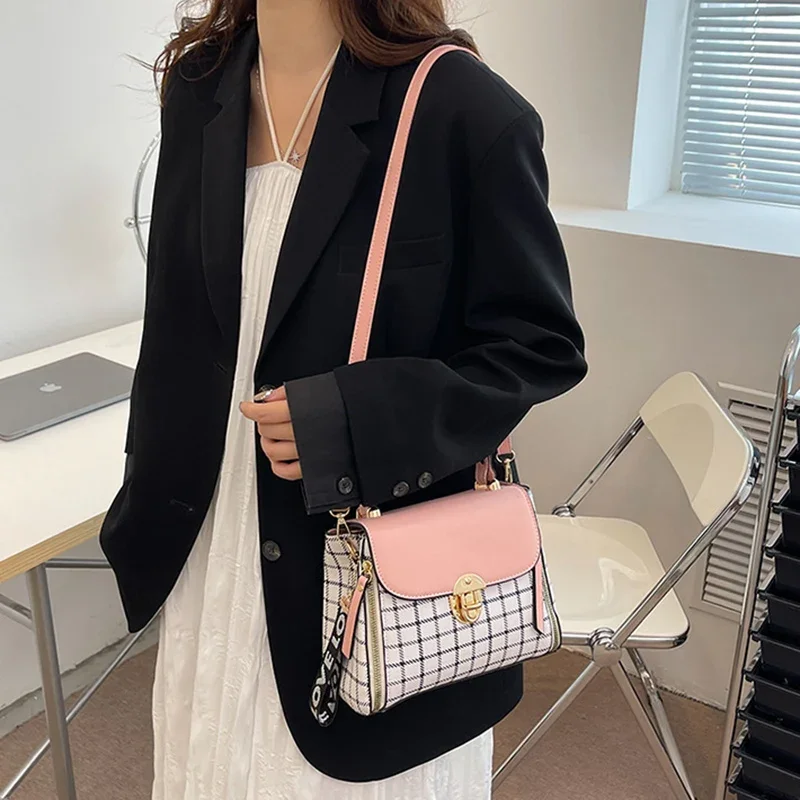Borsa a tracolla in pelle PU con motivo scozzese da donna-borsa con patta ed elegante con fibbia
