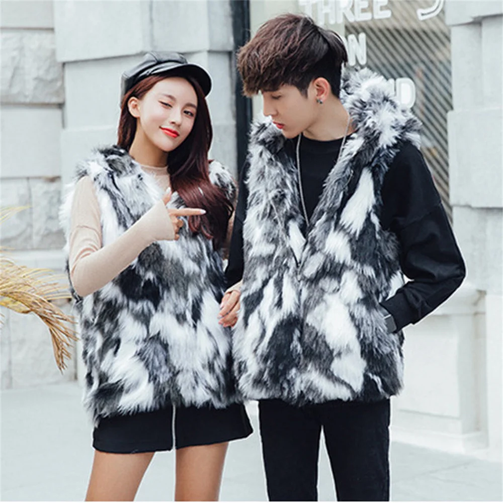 9XL Men Luxury Winter Warm Open Stitch Slim Plush Jacket Women Faux Fox Fur Cardigan Ladies Thick Short Coat With Hat