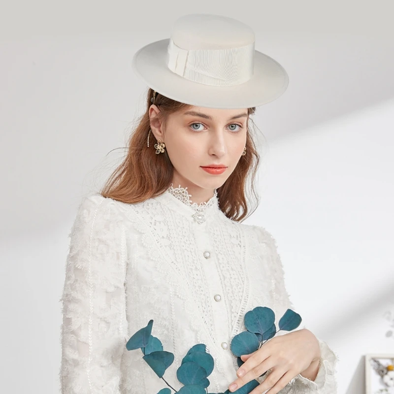 Women Winter Hat Elegant Church Hat with Ribbon Band Round Top Widen Brim Hat Drop Shipping