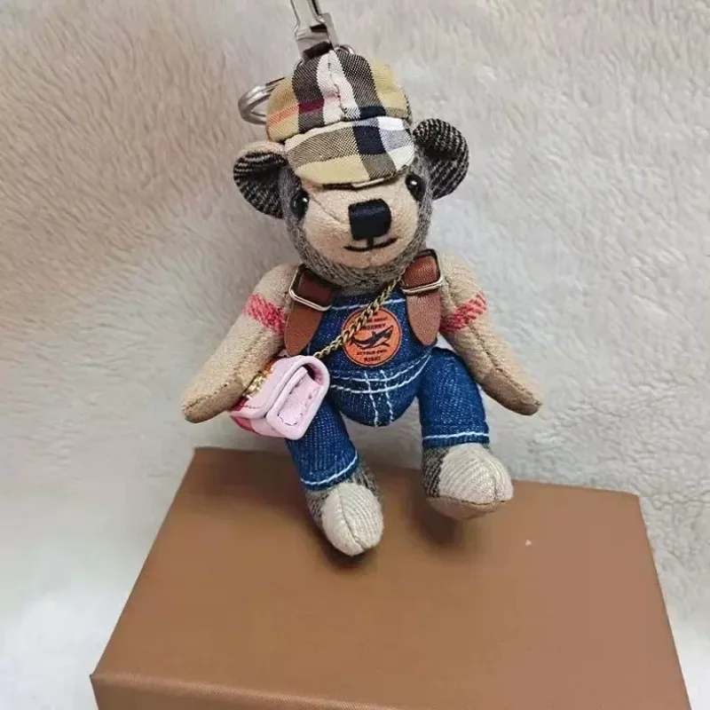 Cute Cashmere Plaid Teddy Bear Denim Overalls Charm Car Hanging Ornament Couple Bag Plush Doll Keychain Women Men Gift