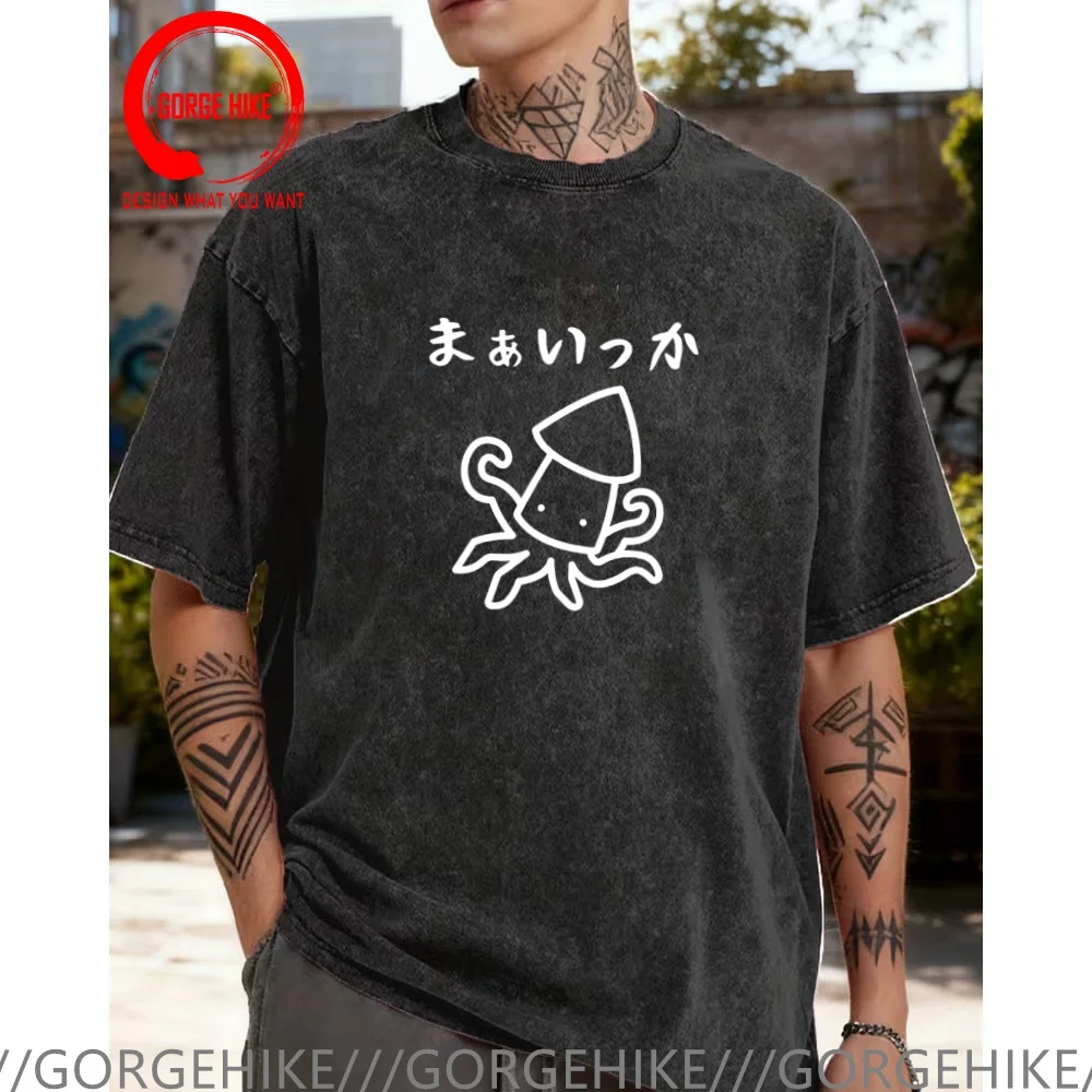 

Vintage Washed Cotton T-Shirt Funny Designer Octopus Japanese Kanji T Shirt Men Fashion Trendy Casual Clothing Stylish Tops Tees