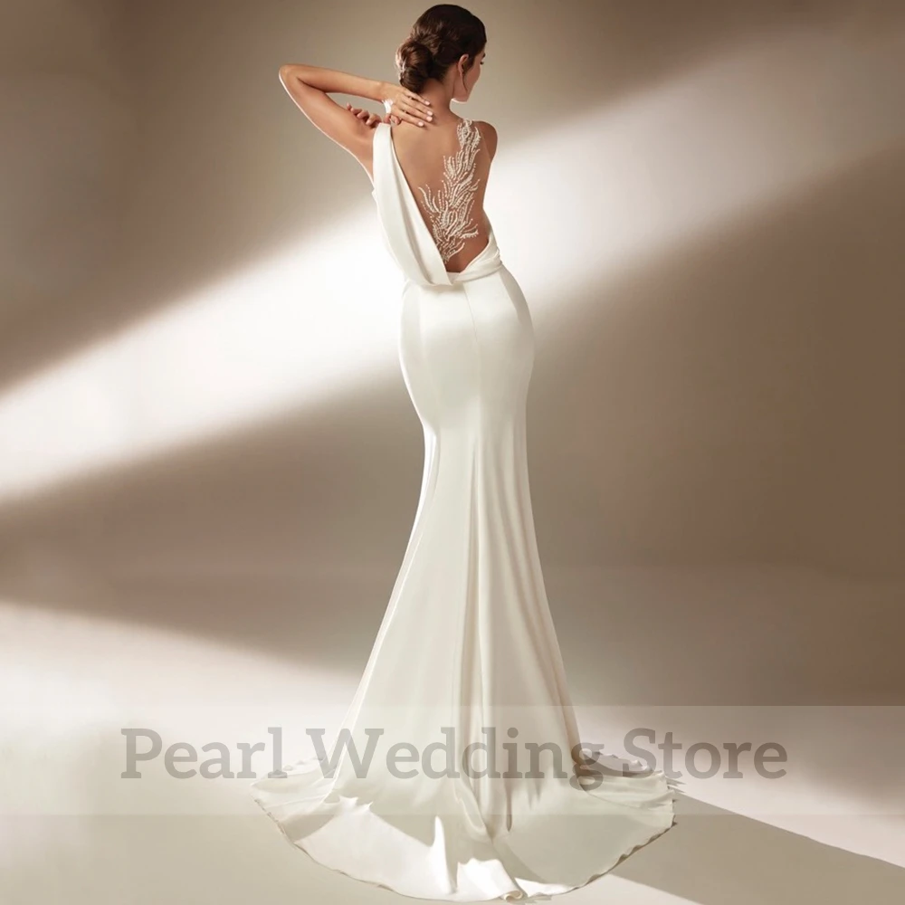 Sexy Deep V-Neck Mermaid Wedding Dress Sleeveless Illusion Back Bridal Floor Length Pleat Civil Marriage Custom Made Gowns