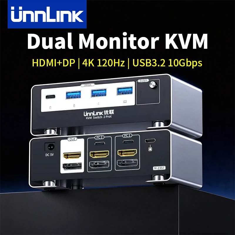 Unnlink 4K 120Hz HDMI + DP double moniteur KVM commutateur 2 moniteurs 2 ordinateurs 8K 60Hz avec USB 3.0 pour Win/Mac PC partager souris clavier