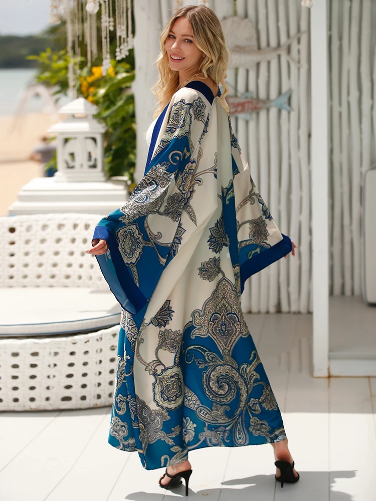 Bohemian Style Long Sleeve Beach Cover-Up Kimono, Tribal Print Kimono Cardigan, Sun Protection Open Front Swimwear Cover-Up