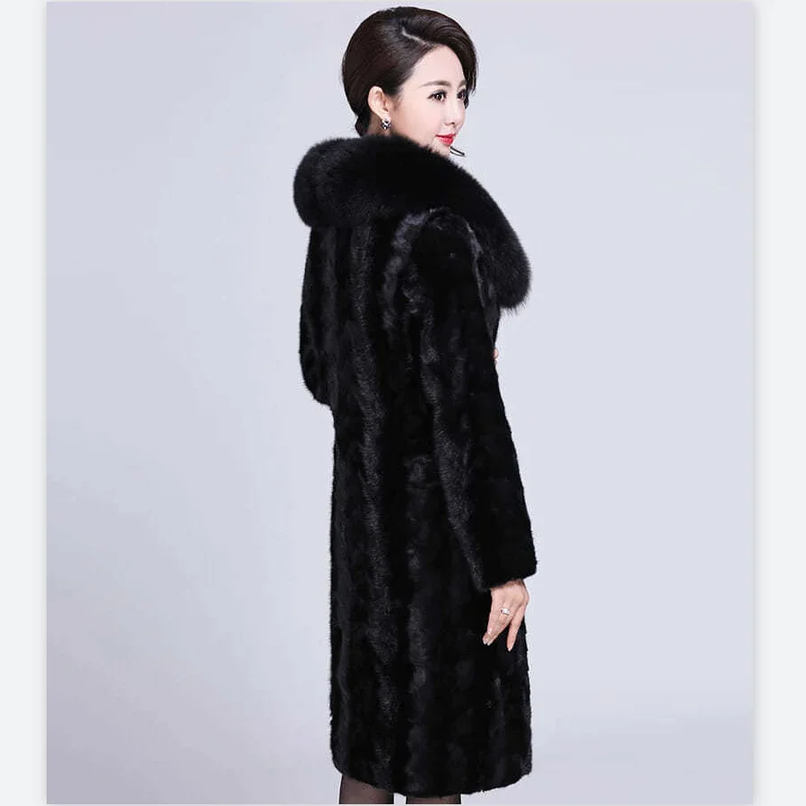 Women\'s Winter Mink Fur Coat Warm Black with Mink Fur Mid-length Fox Fur Collar Coat Plus Size Plus Size Thick and Elegant