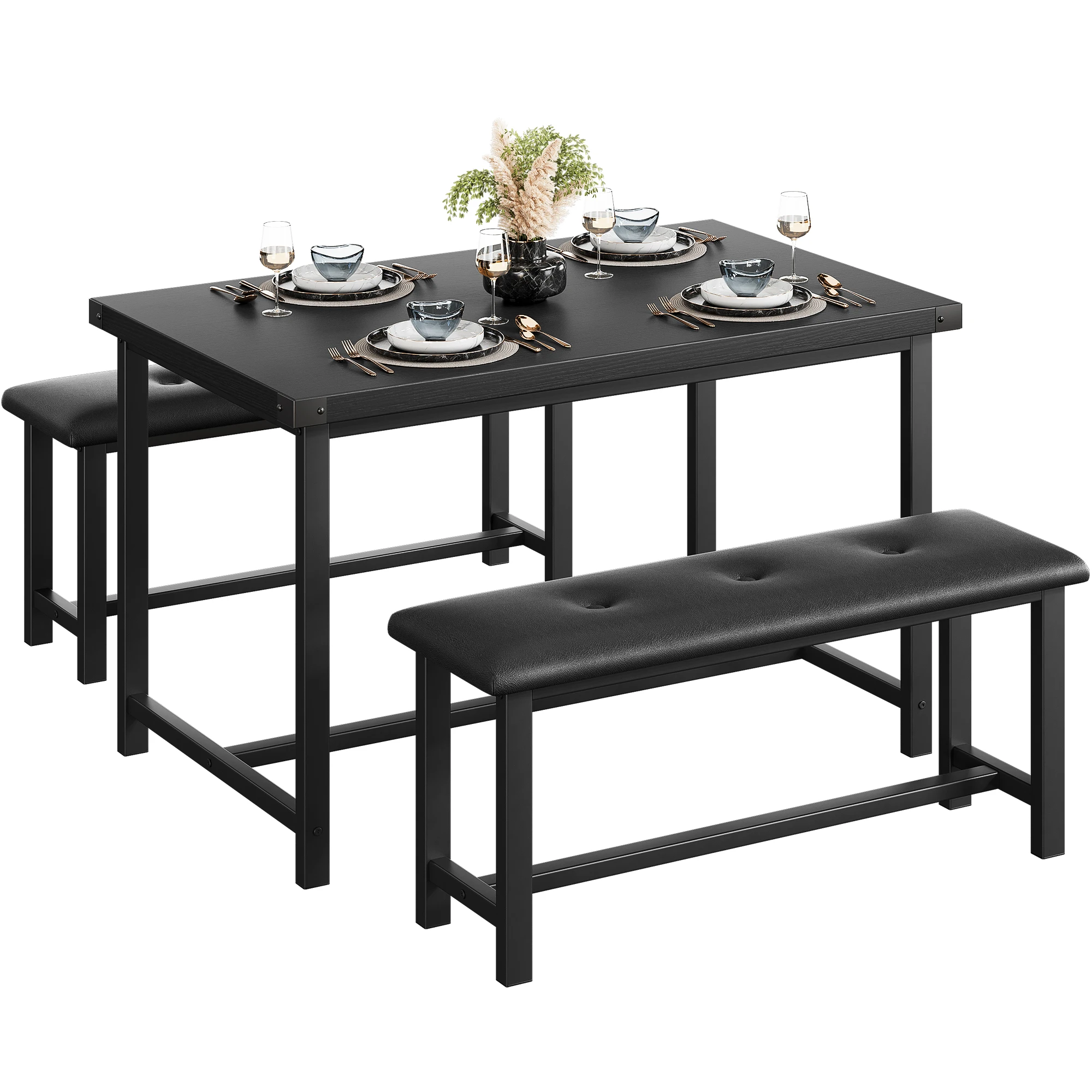 3-Piece Kitchen Table Set with 2 Upholstered Benches, Space-Saving Dining Room Table Set for 4 Peoples Family Dining Black