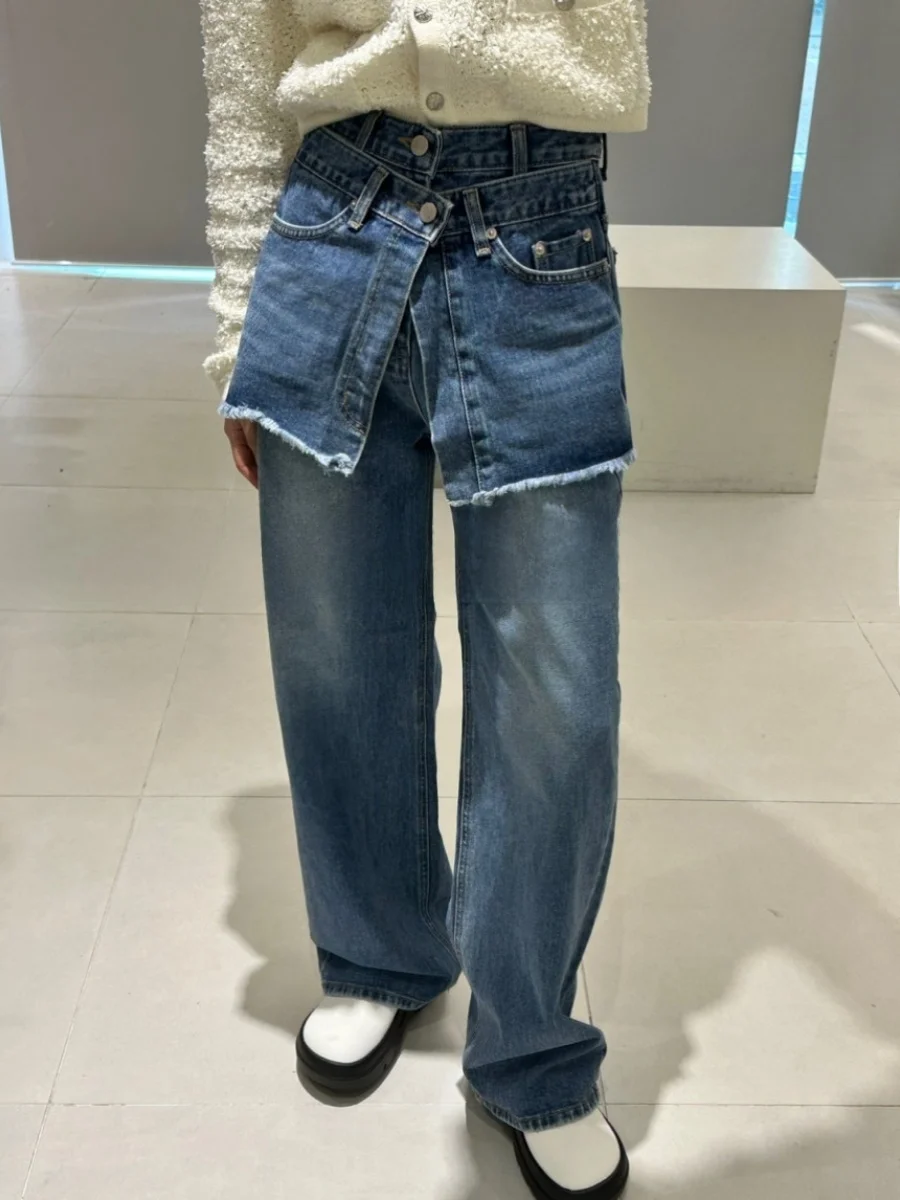 

Retro Waed High Waist Patchwork Denim Jeans Women's Loose Straight Leg Frayed Fake Two-Piece Long Trousers Trendy