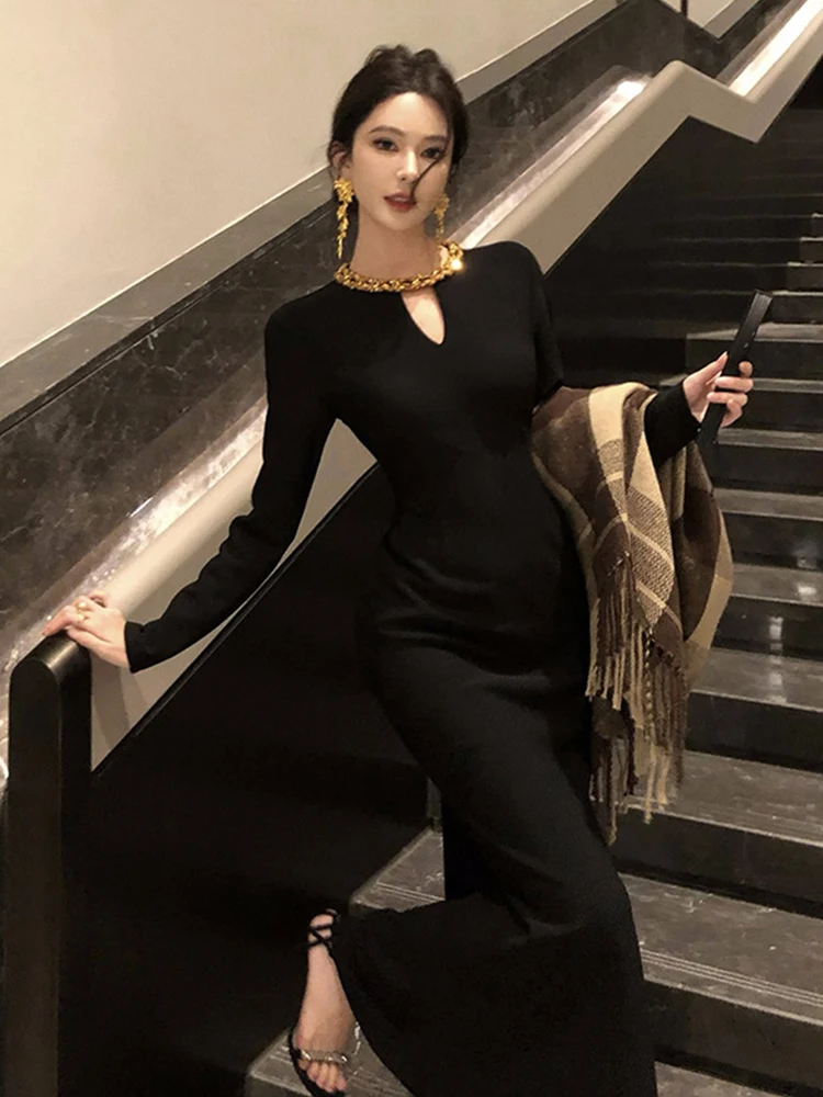 포멀한 행사용 블랙 롱 드레스 여성 의류 홀로우 O넥 슬림 피쉬테일 드레스 우아한 여성 패션 파티 프로모션 드레스 신상품