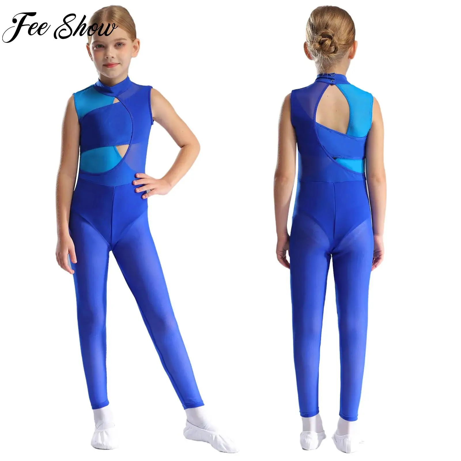 

Kids Girls Gymnastics Jumpsuit Acrobatics Yoga Performance Costumes Sheer Mesh Jumpsuit Sleeveless Leotard Bodysuit Dancewear