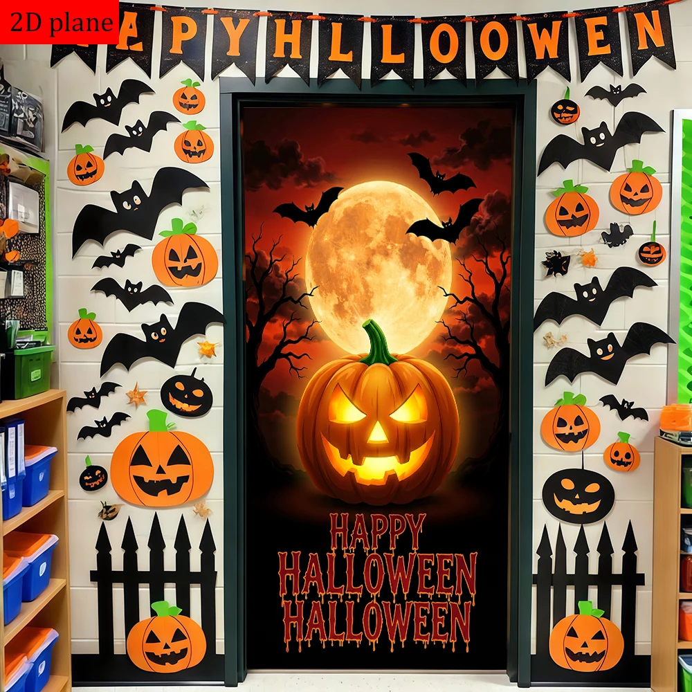 Halloween Jack-o'-lantern full moon bats bare trees spooky sky Door frame decoration with high elasticity elastic band