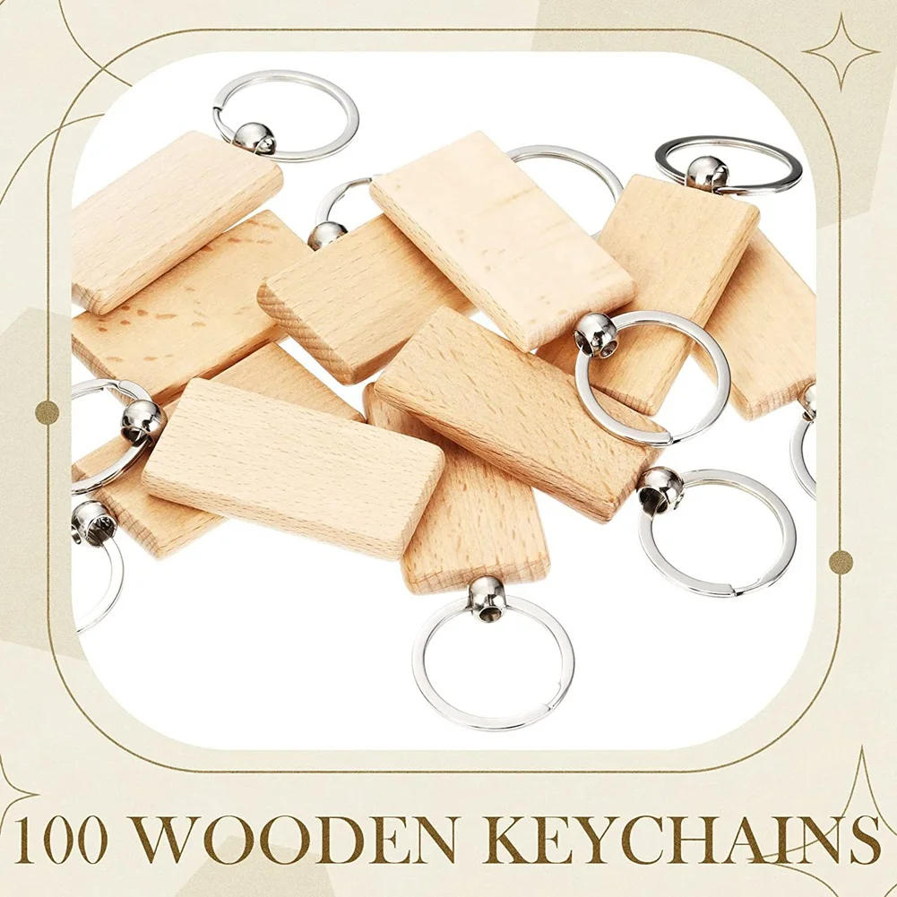 100Pieces Wooden Keychain Blanks Bulk Rectangle Wood Engraving Blanks Unfinished Wooden Key Ring Key Tag A