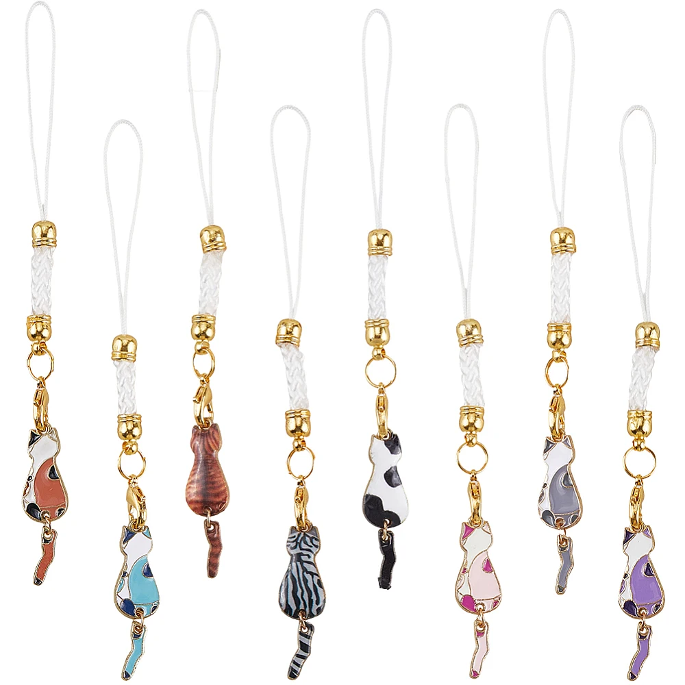 1 Box 16Pcs 8 Colors Cute Cellphone Charms Cat Phone Charms Strap Enamel Metal Animal Back Print Hanging Lanyard for Mobile