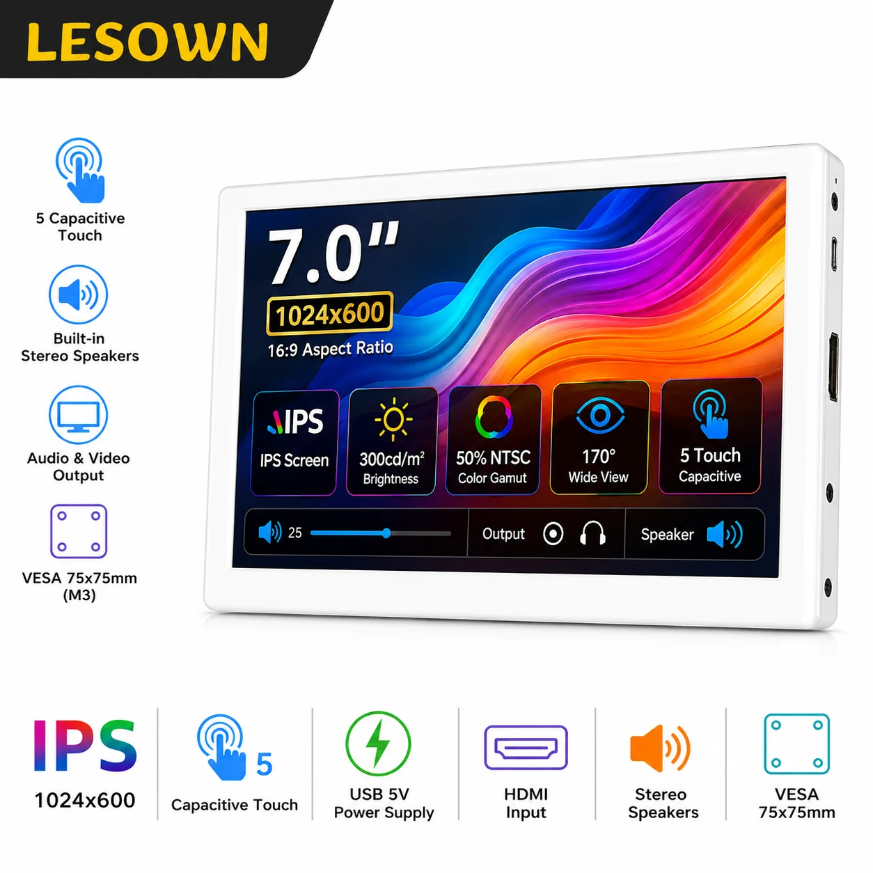 LESOWN Driverless 7" Portable Touch Monitor White PC Case Sub Display Info 1024x600 HDTV Display Audio
