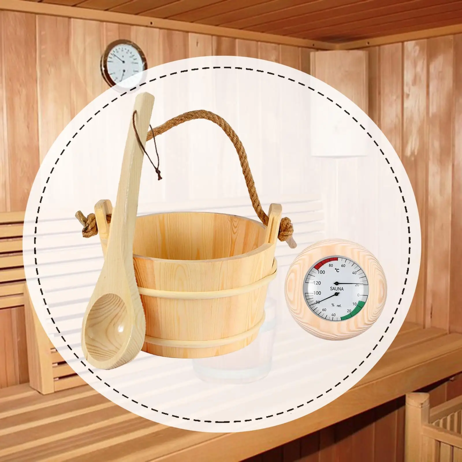 دلو ساونا ومغرفة محمولة قوية سعة 1 جالون (4 لتر) دلو خشبي بسعة المياه مع ملحقات ساونا الرطوبة الحرارية
