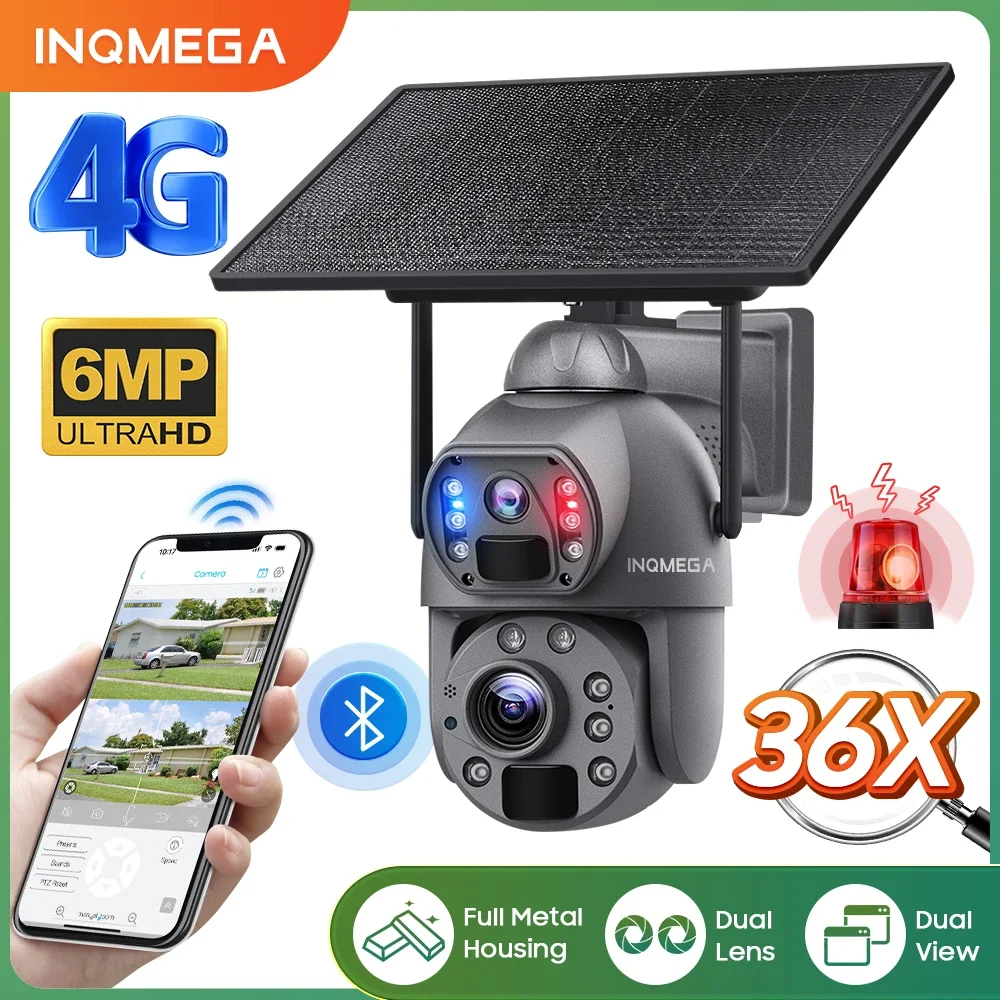 inqmega 6mp 36x zoom 4g camera solar wifi dupla vista pir celula solar camera ptz seguranca ao ar livre camera de alarme de luz vermelha e azul 01