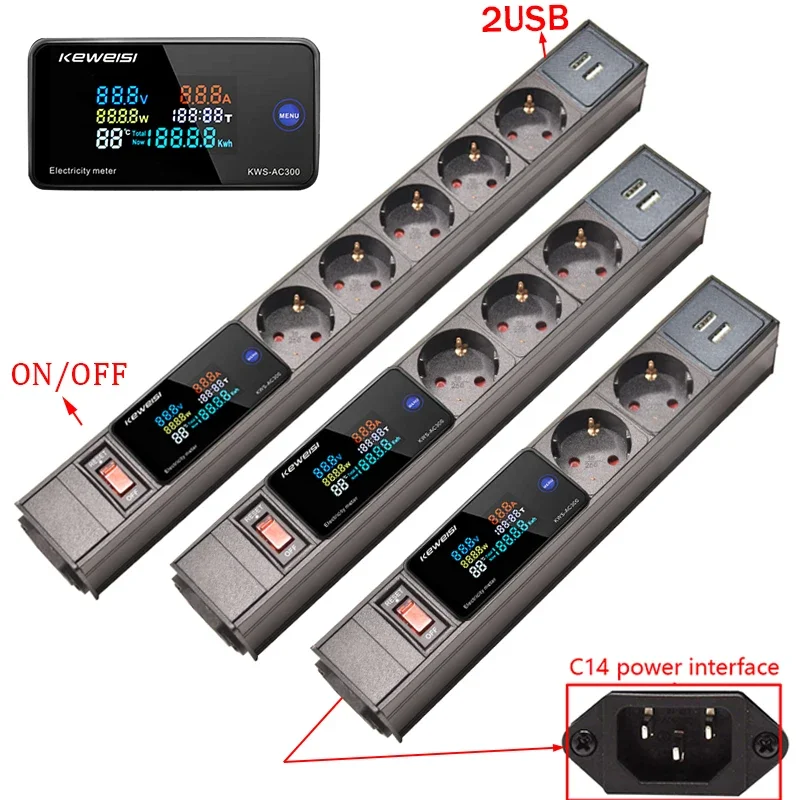 USB Power Strip 2/3/4/5/6/7/8/9Ways EU Socket Outlets Display Volt Watt Kwh Test Meter with Switch C14 interface