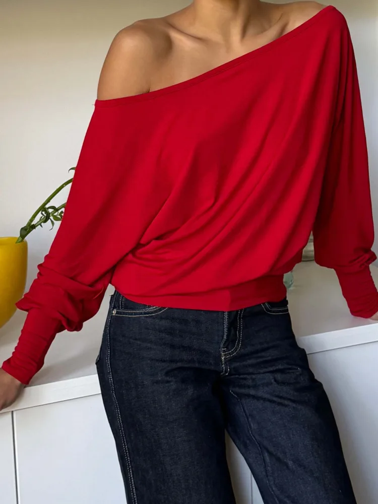 

Blifanbo Oblique Shoulder Long Sleeve T-shirt Top Women Casual Autumn Fashion Solid Sexy Slim Female T-shirt Top Streetwear