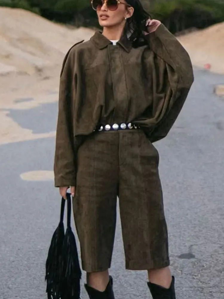 HH أنثى الشارع موضة الجلد المدبوغ الملمس السراويل مجموعات سستة الصلبة التلبيب Bomber سترة + ألف خط مع جيوب السراويل الرجعية دعوى #5