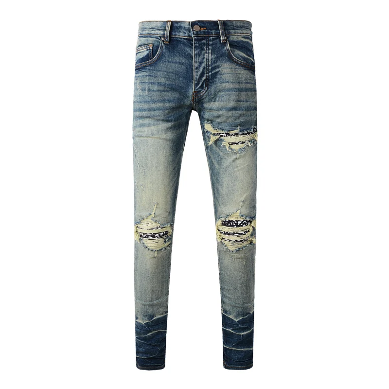 

Designer High Street Fashion New Retro Blue Men's Jeans Water Washed Perforated Patch Jeans Hip Hop Brand Stretch Slimming Pants