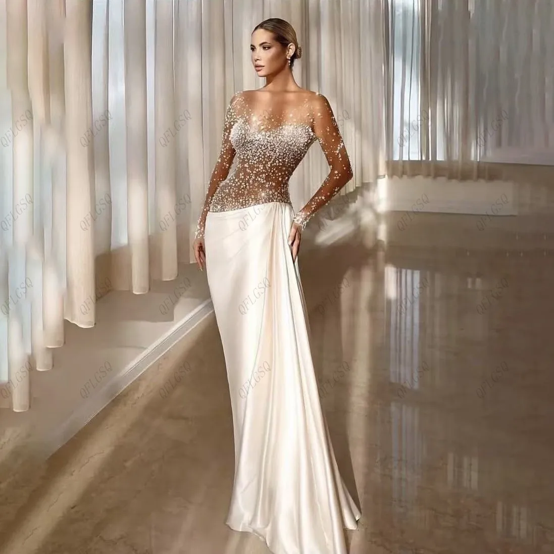 ชุดราตรีงานพรอมประดับลูกปัดแบบไฮคูตูร์ สีไอวอรี่ แขนยาว ชุดแต่งงาน ชุดงานเลี้ยง ผ้าซาติน ยาว โปร่งแสง ชุดเดรสออกงานสำหรับผู้หญิง