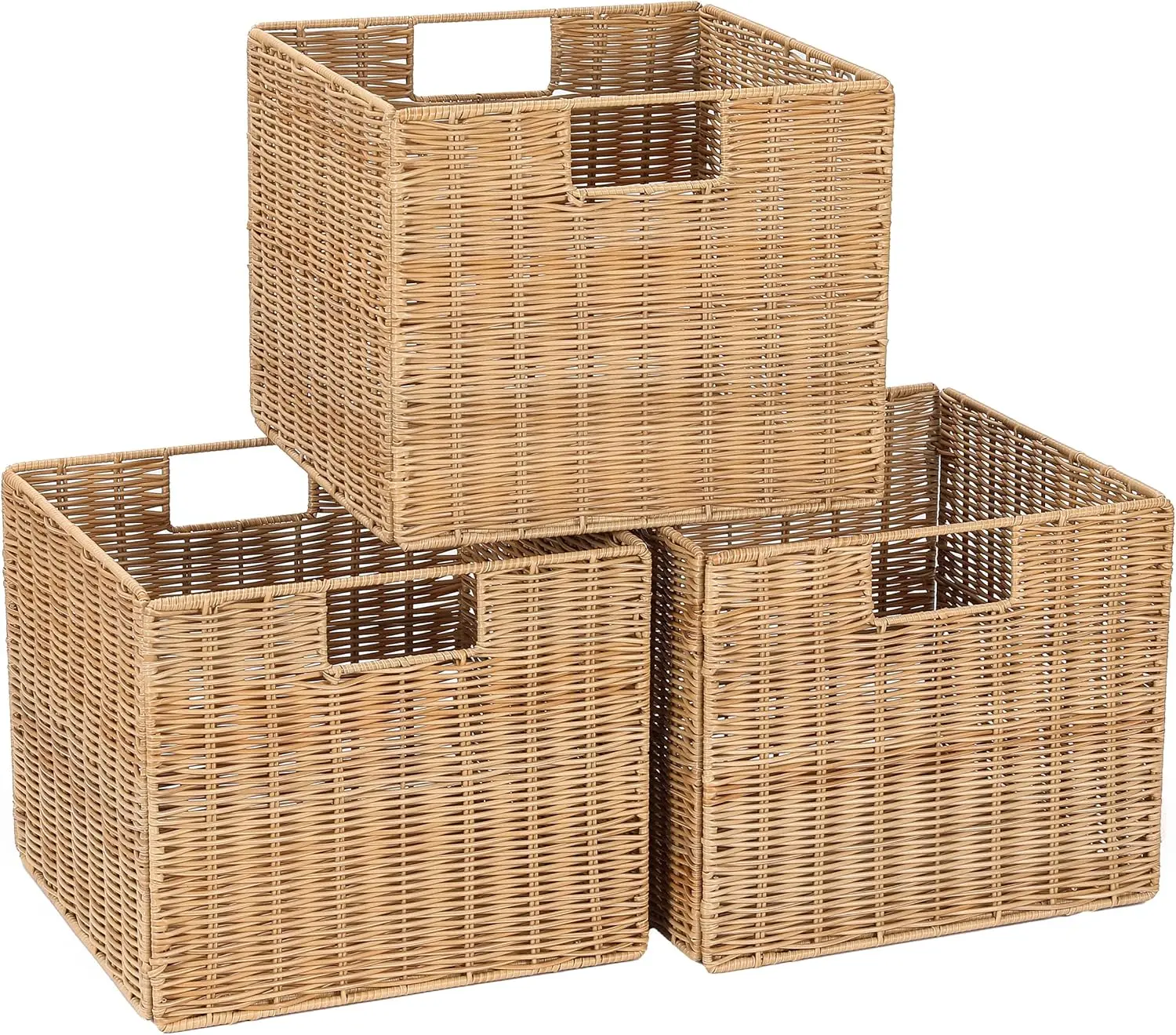 

Plastic Wicker Storage Basket 12x12x10in, Collapsible Cube Bins for Shelves, Woven Organizer for Pantry Bedroom Living Room