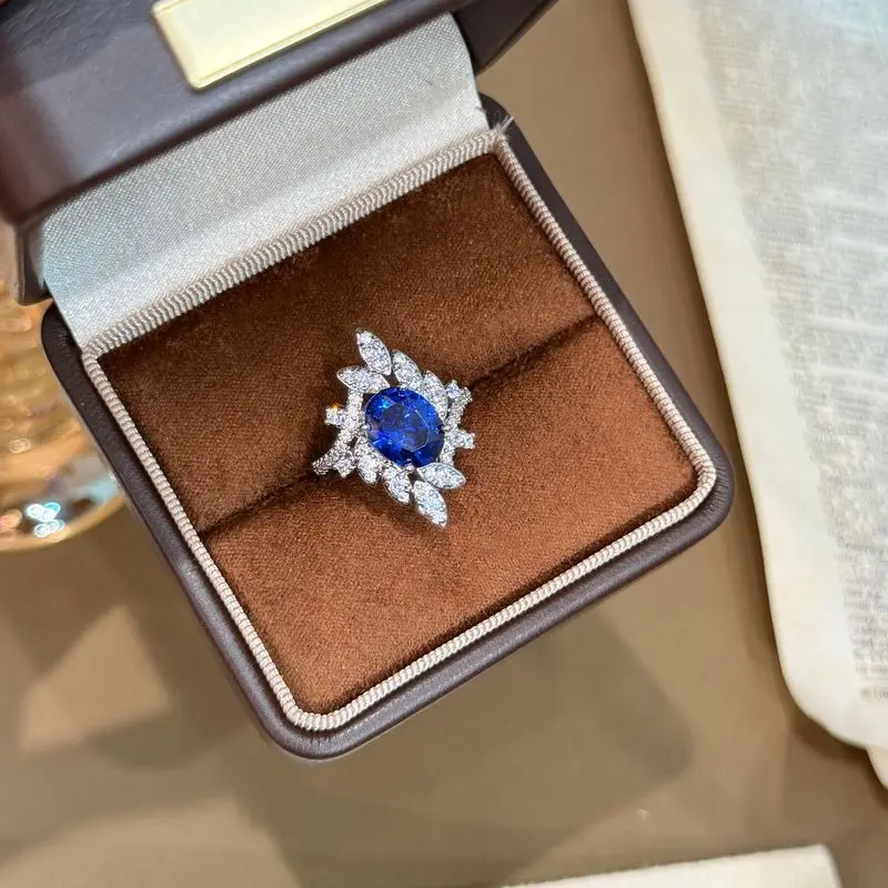 925 sterling silver fashionable artificially cultivated sapphire ring, women's retro light luxury high-end temperament jewelry