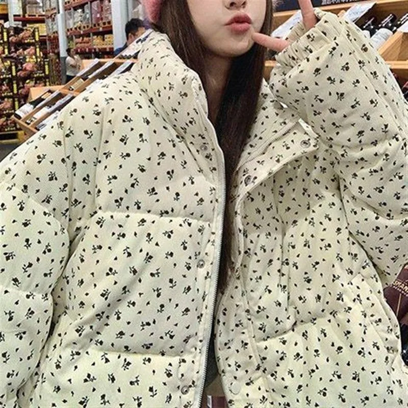 

Retro Floral Design Cotton Jaet Women's Winter Ins Loose Warm Bread Sle Cotton Coat Regular Length Stand Collar