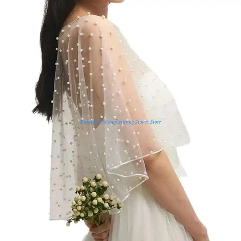 E56A Tulle Wrap with Delicate Pearls Accents for Bridesmaid Dresses and Evening Gowns Adds a Touch of Sophistication