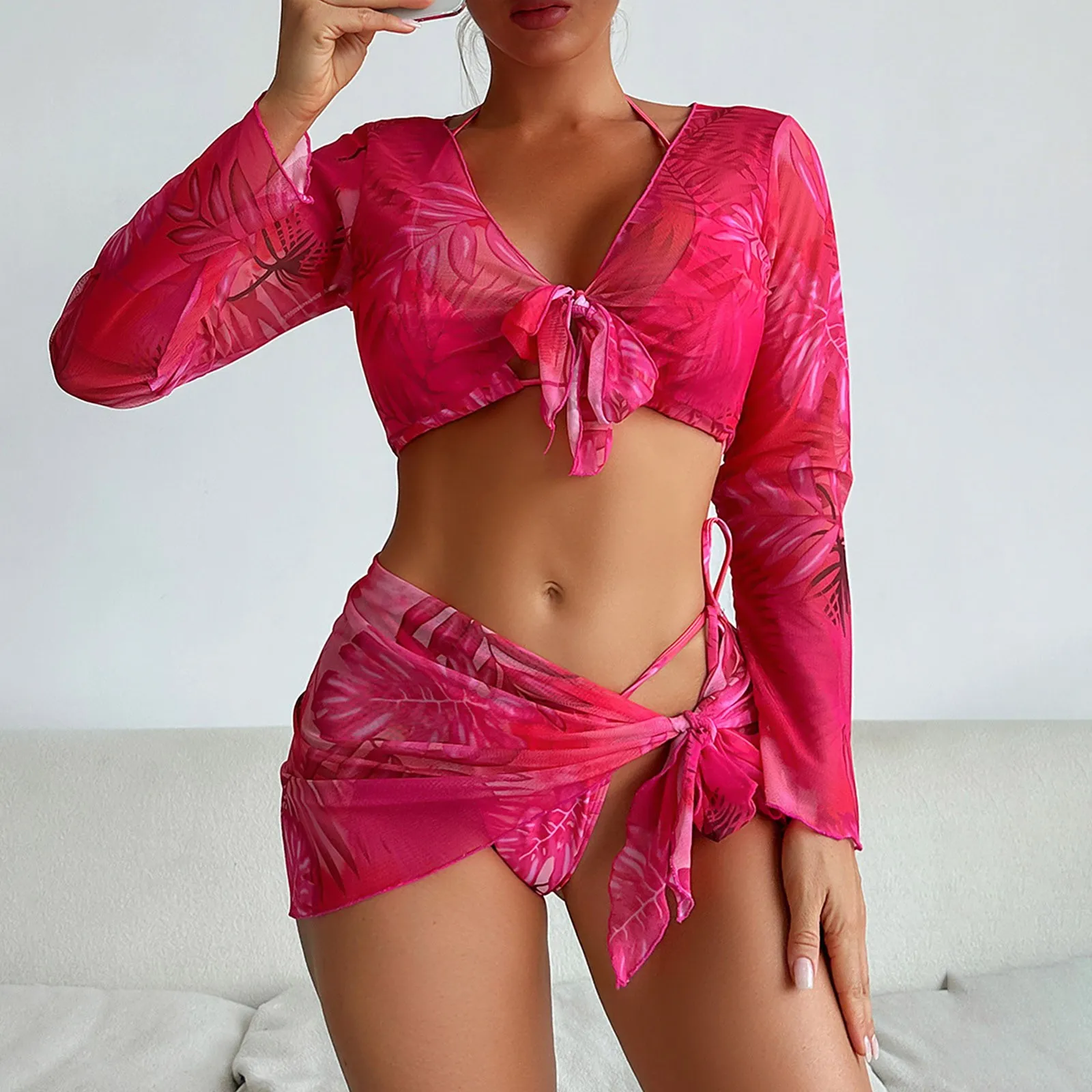 Tropical Print 4 Piece Bikini Set Swimsuit Women Long Sleeve Cover Up with Skirt Bathing Suit Bra Thong Beach Swimwear Female