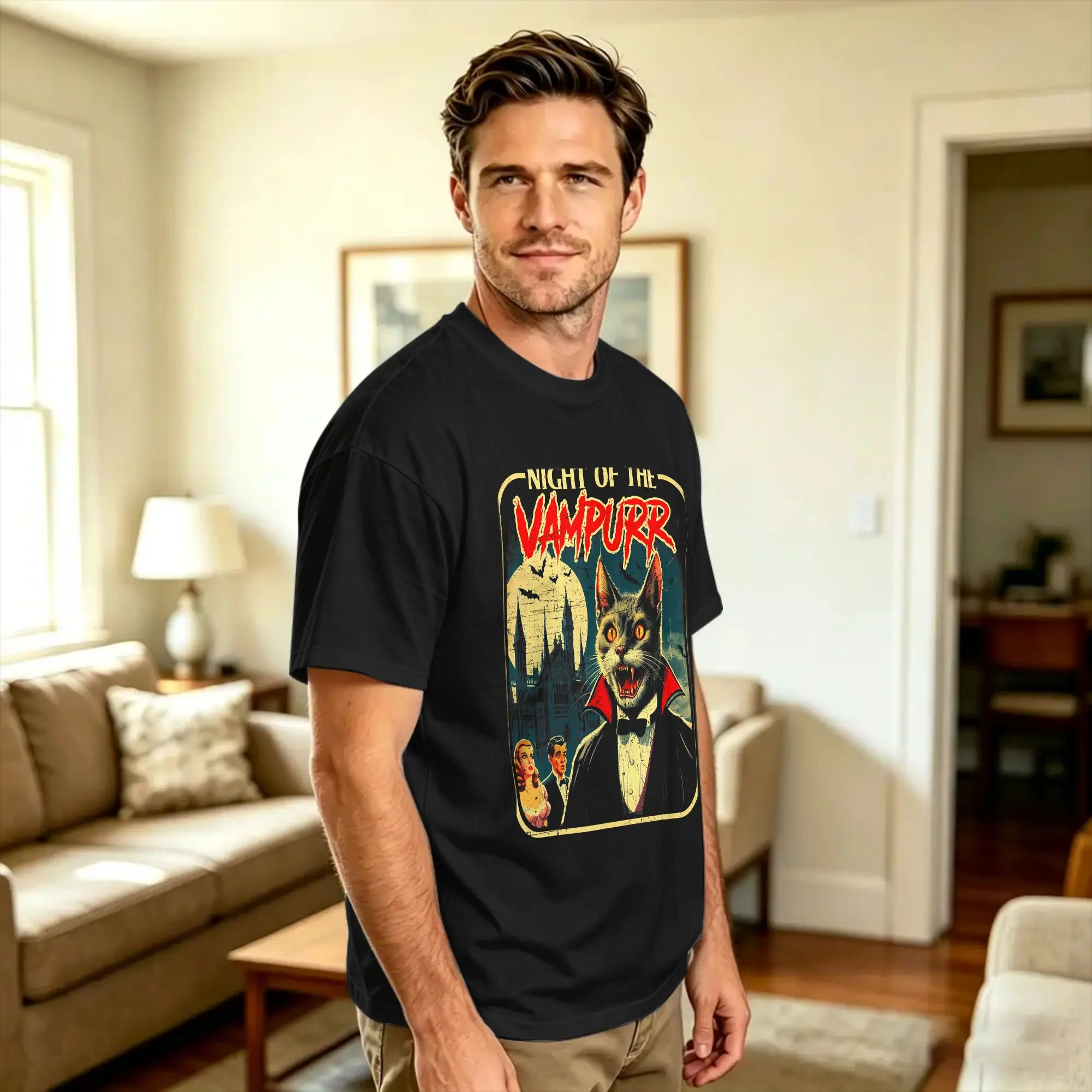 Night of the Vampurr Funny Cat Halloween T Shirt Summer  Trending T-Shirts 100% Cotton O Neck Oversized Tees Short Sleeves