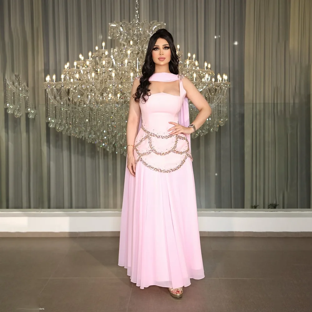 

Pink Elegant Evening Dress Customized Square Neck Sleeveless Crystal Chiffon A Line Floor Length Formal Party Dresses 2026