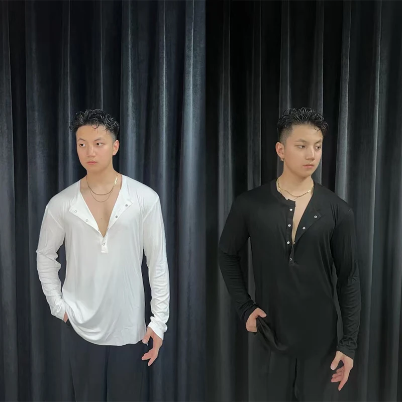 

2025 New V-Neck Long Sleeved Latin Dance Training Suit Chacha Rumba Tango Dance Adult Latin Dance Tops Practice For Men DN21091