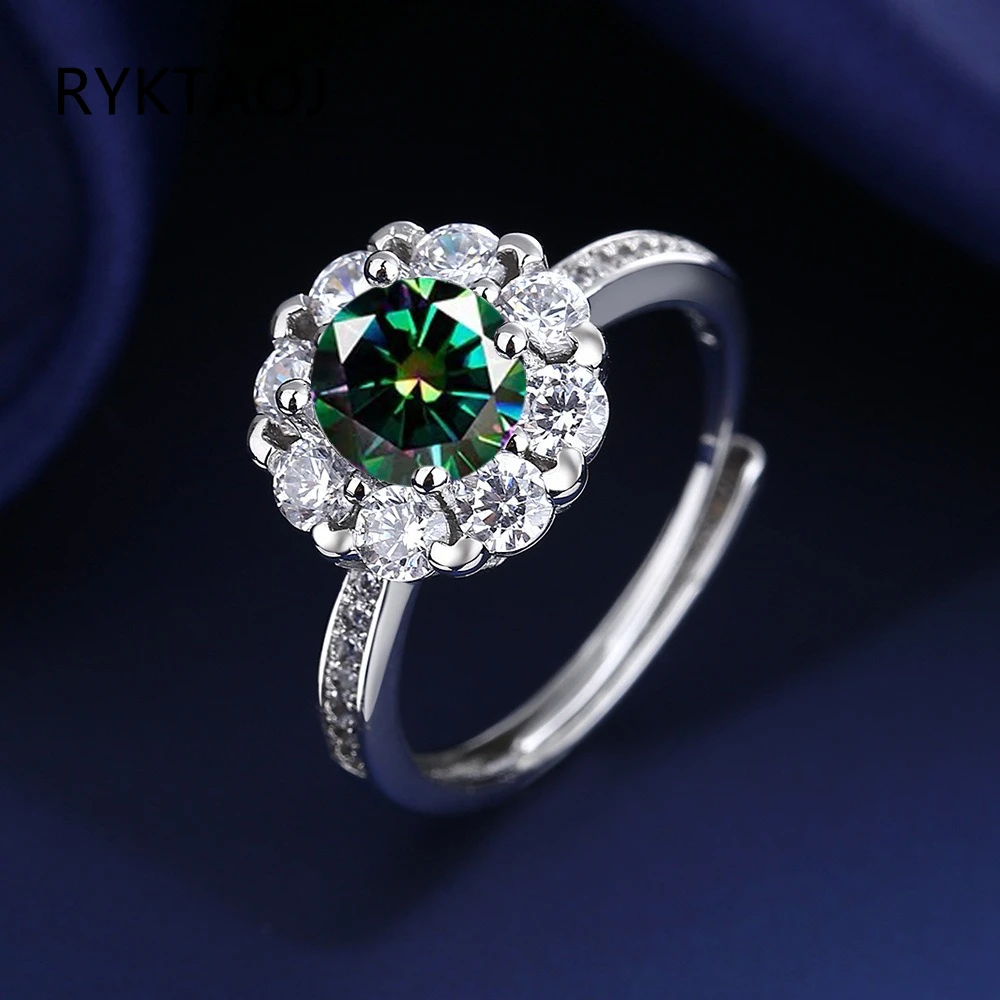 925 Sterling Silver Round Red Zircon Open Adjustable Ring for Women Double Halo Sparkling Gemstone Wedding Fine Jewelry Gift