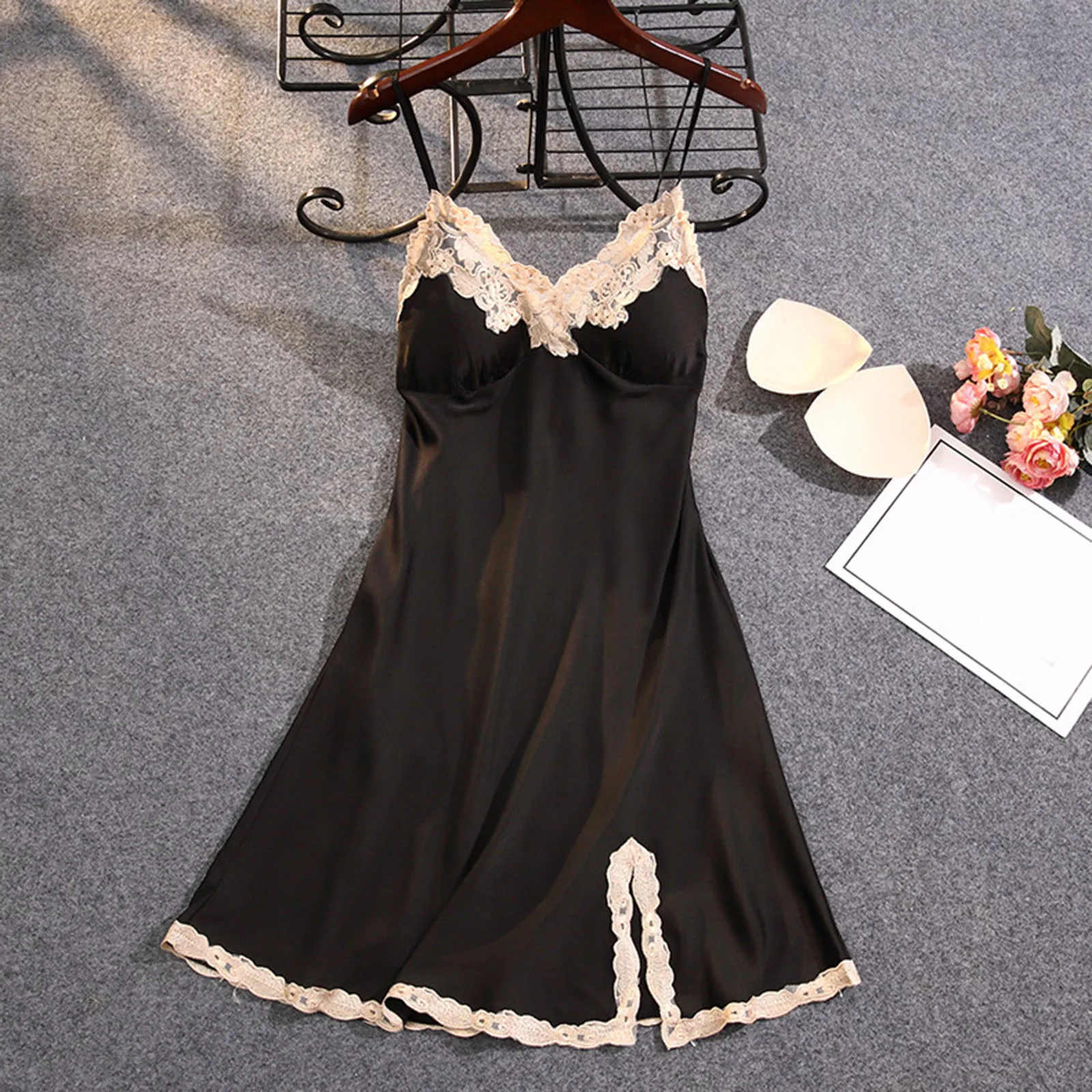 Women Pajamas Lace Home Negligee Nightwear Women Nightdress Thin Sexy Suspender Ice Silk Lingerie Chest Pad Homewear Sleepwear