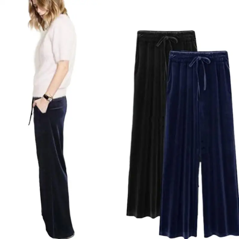 

2024 Elegant Spring Women Velvet Pants Elastic High Waist Velour Straight Pants With Pocket Vintage Female Clothes Wide Leg Pant