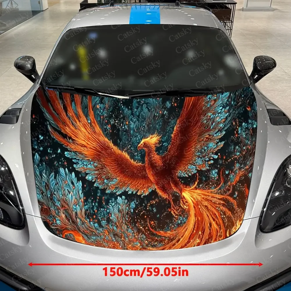 Flame-Colored Phoenix Car Vinyl Wrap, PVC Material Waterproof Car Hood Sticker, Self-Adhesive Scratch-Resistant Stickers for Eng