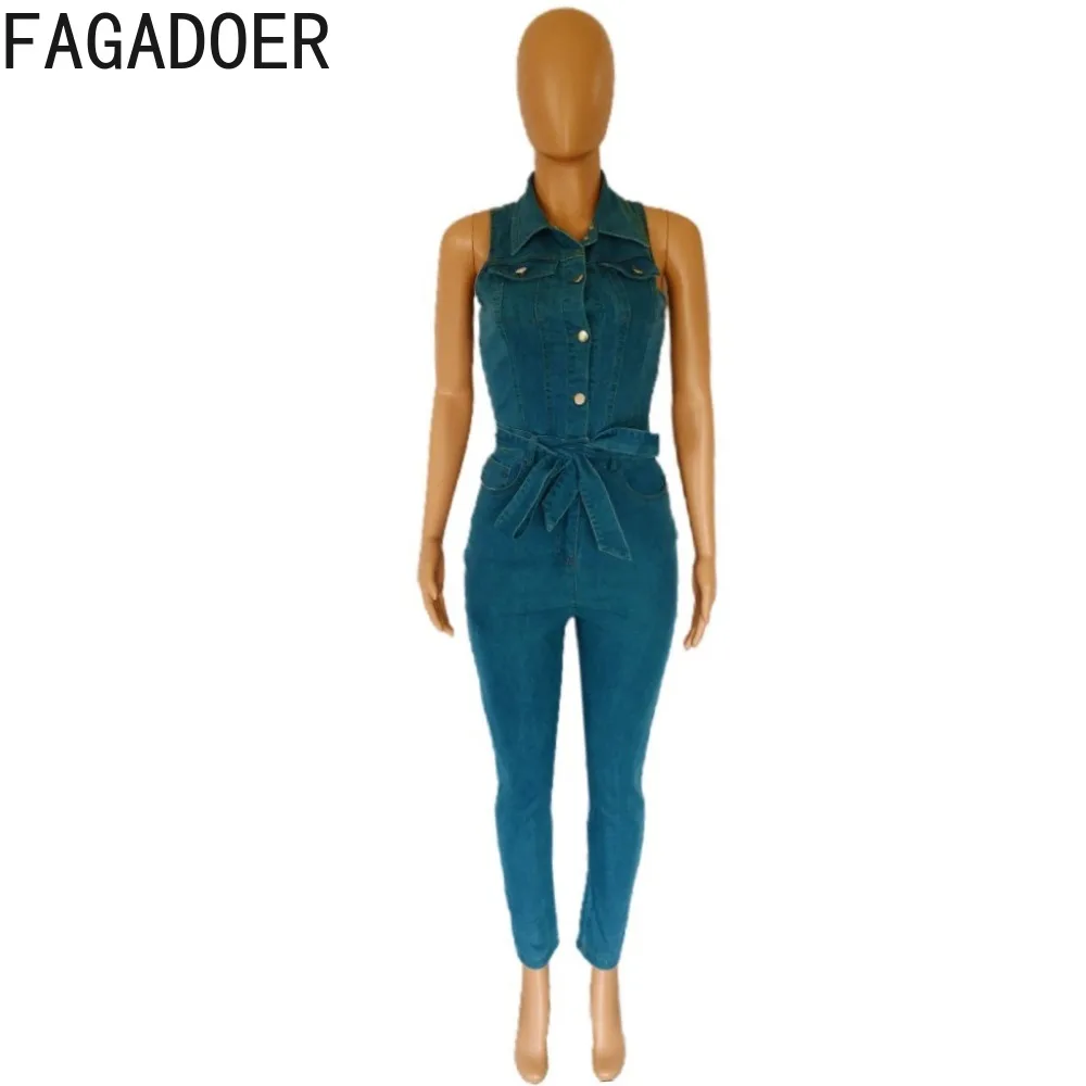 Fagadoer Denim Mode Knoop Bodycon Bandage Jumpsuits Vrouwen Turndown Kraag Mouwloze Slanke Playsuits Casual Cowboy Overalls