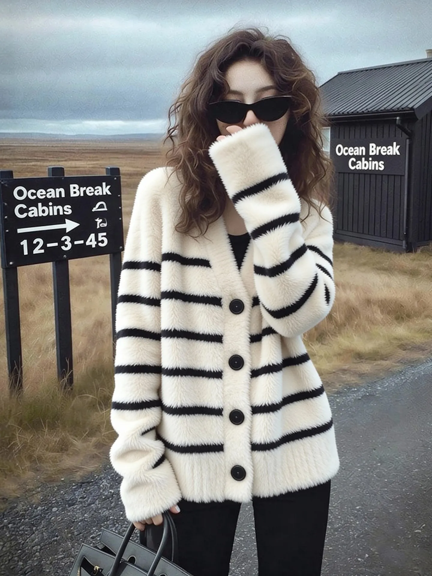 

Faionable V-Ne полосатый вязаный открытый кардиган женский Sle зима 2025 корейская версия утягивающий свитер Jaet High-End Feel