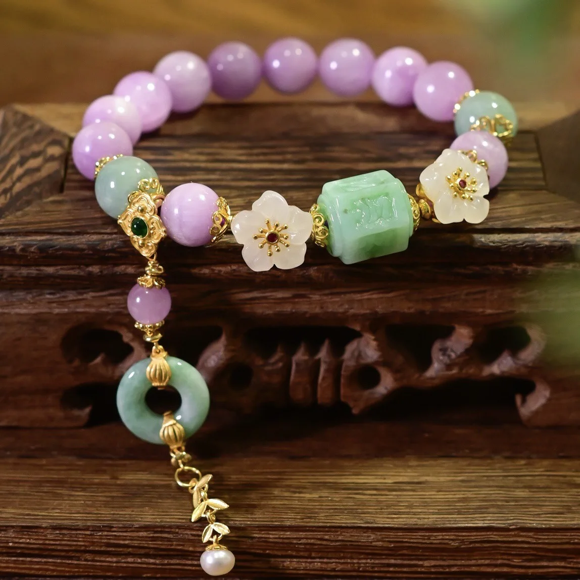 

Natural Kunzite Bead Bracelet, A-Grade Jade Six Syllable Mantra Hetian Flower Inlay 925 Silver Peace Buckle, Lucky Jewelry Gift