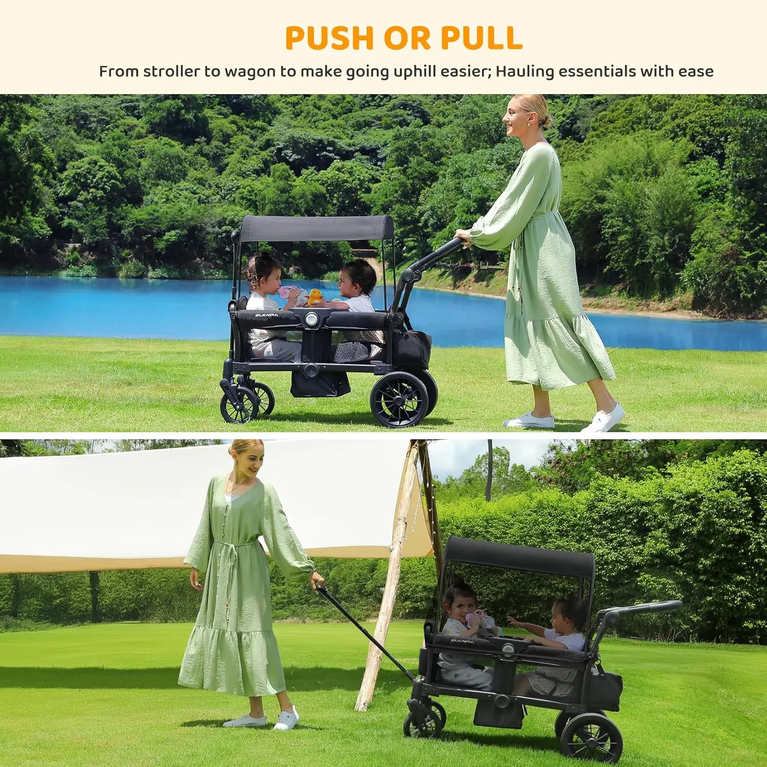 Foldable All-Terrain Wagon Stroller for 2 Kids with Removable Canopy, Adjustable Handle & Storage