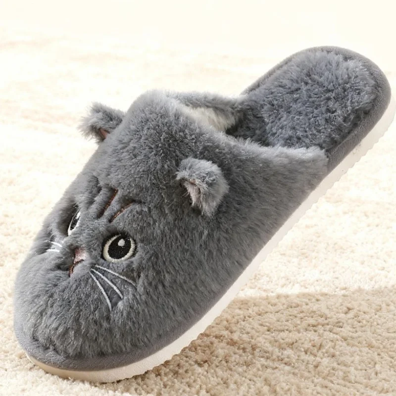 Solid Color Faux Fur Cat Home Slippers Couple Winter Warm Plush Soft EVA Slides Women Indoor Non-slip Sandals Adults Flip Flops image 4