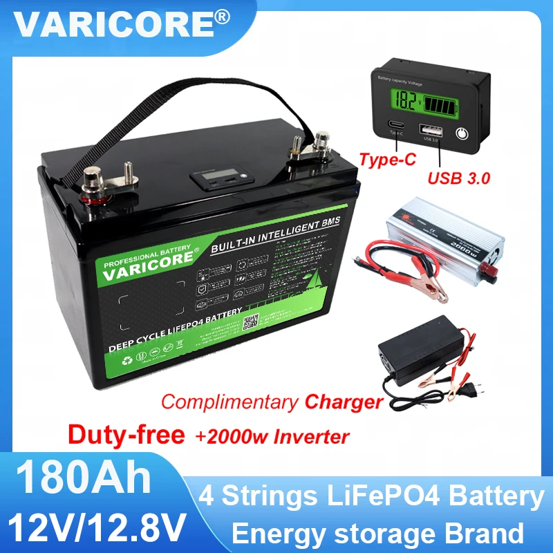 New VariCore 12.8V 180AH LiFePO4 Battery pack 12V 4 Strings Lithium Batteries for Off grid Touring Car Solar Golf cart Tax Free