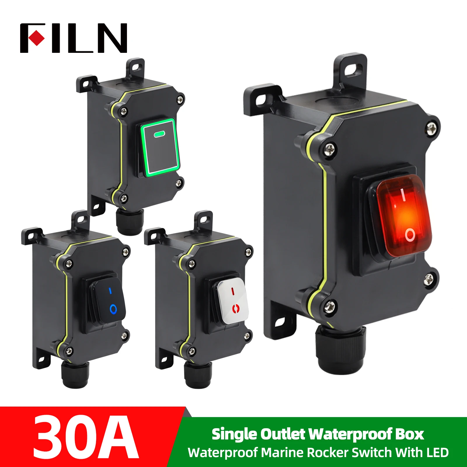 

FILN 30A Кулисный переключатель 12 В 220 В IP65 Водонепроницаемое наружное освещение Морская автомобильная герметичная коробка с одним выходом Встроенный шнур Dustp
