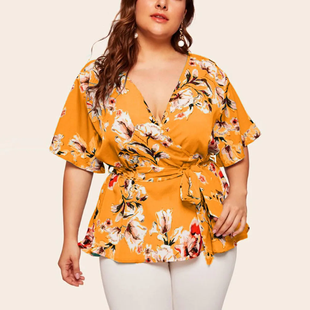 2024 Summer Plus-size Sexy V-neck Short Sleeve Printed Waisted Strap Loose Chiffon Tops Graphic T Shirts Odzież damska 3XL 4XL