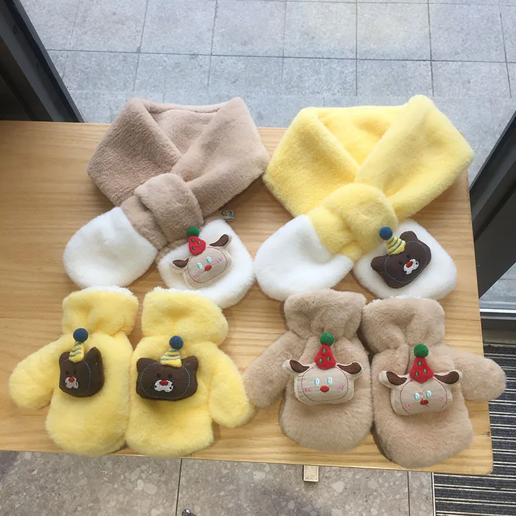 2Pcs Winter Baby Scarf Gloves Set Faux Lamb Wool Bear Kids Neck Warmer Mittens Korean Snow Children Boys Girls Accessories 2-6Y
