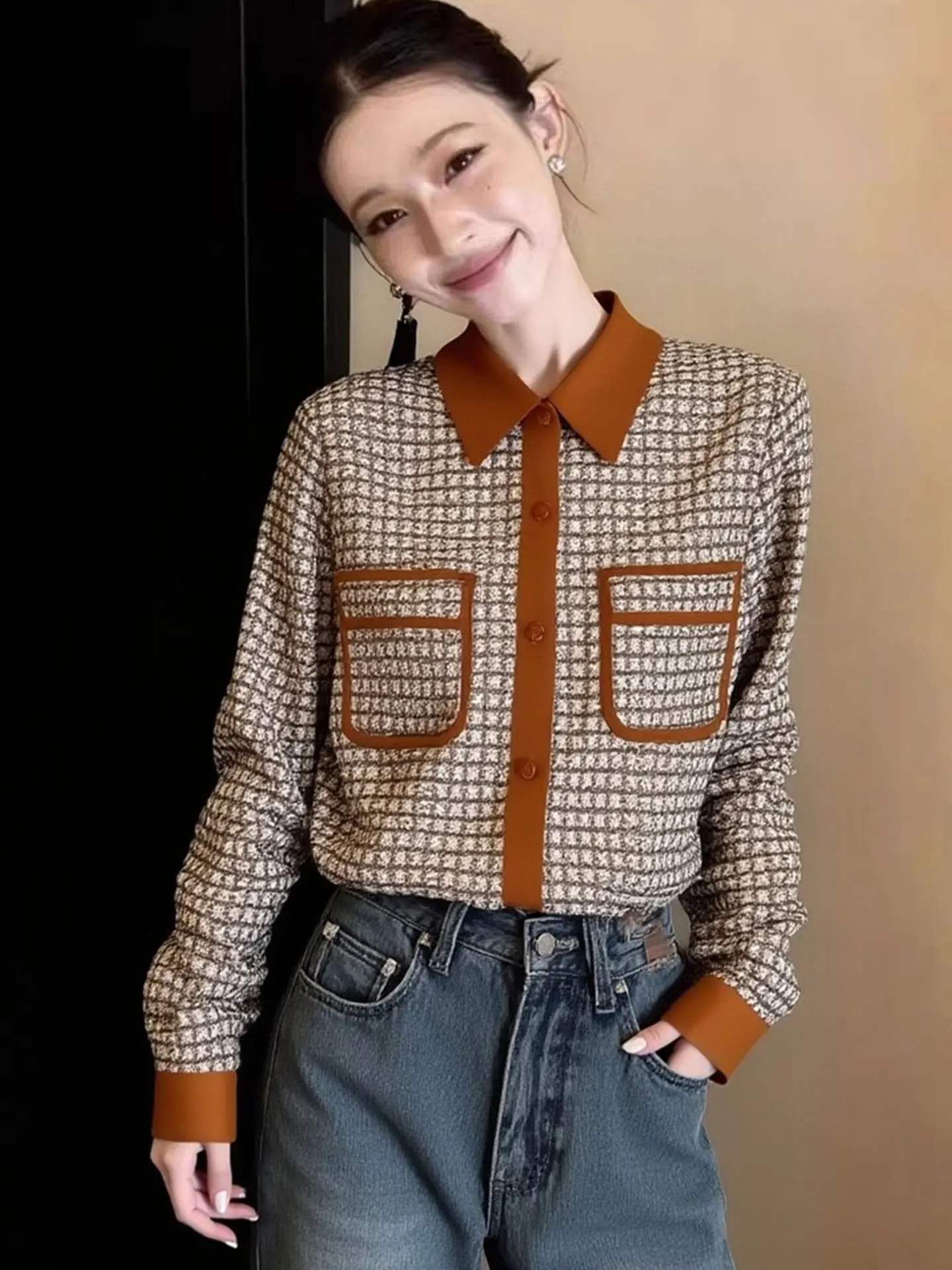 

Элегантная женская рубашка в клетку с длинными рукавами, модный весенний топ в корейском стиле, прямой крой, шелковистая ткань