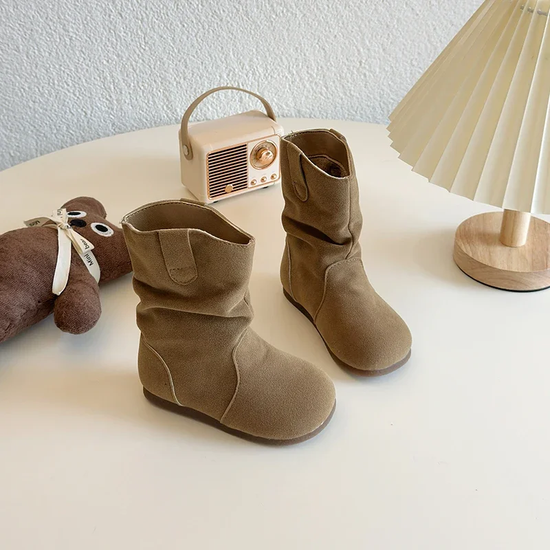 Winter Girl\'s Boots Suede Khaki Camel Slip-on Flexiable Classic Kids Boots Plush Warm Light Trendy Daily Comfy Children Shoes