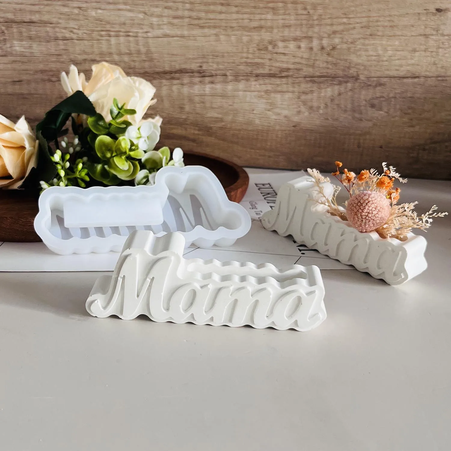Florero de hormigón para el día de la madre, molde de silicona con letras para mamá, florero, moldes de yeso, adornos, florero, tarjetero, molde de yeso